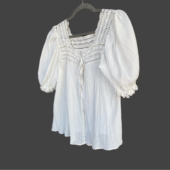 DOEN White Lightweight Square Neck Button Down Lace Puff Sleeve Anneth Blouse M - Picture 14 of 17